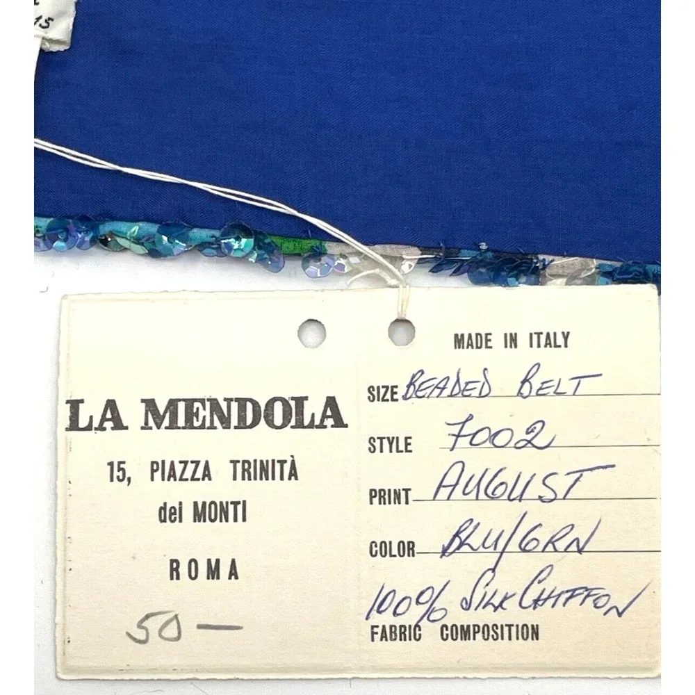 Vintage La Mendola August Mod Heart Hand Beaded Blue Pure Silk Chiffon Belt